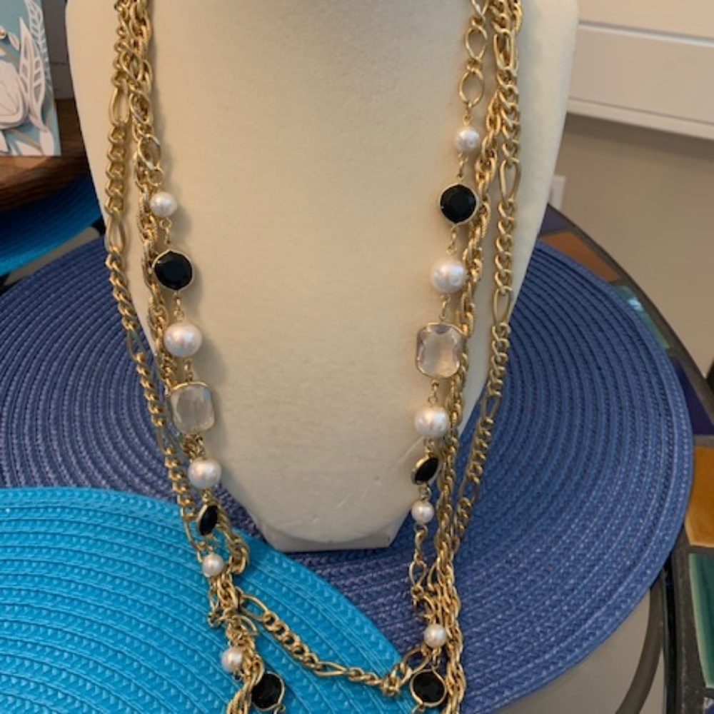 Gold Chain Necklace with White and Black Beads